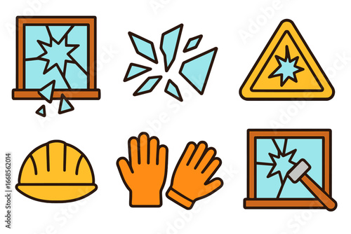 Colorful Glass Safety. Flat vector mini-illustrations glass burst in colors children's illustrations: broken window, shattered
