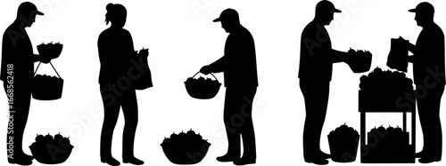 Two silhouettes of people picking apples and placing them in a bowl and bag at a market stand area | editable eps vectors
