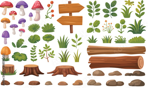 Cartoon forest elements, mushrooms, plants, tree stumps, wooden signs, grass, rocks, nature set, vector illustration, isolated, outdoor design