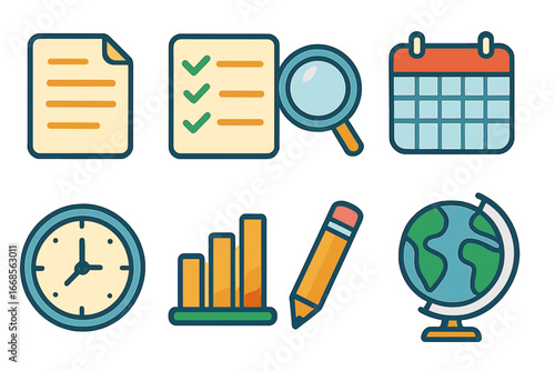 Colorful Kids' Icons. Flat vector mini-illustrations facts in colors children's illustrations: document, checklist, magnifying