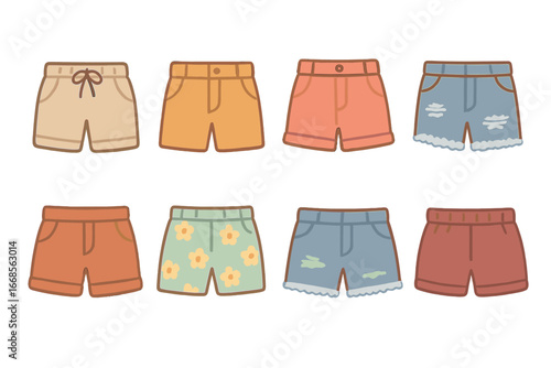 Colorful Kids' Shorts. Flat vector mini-illustrations casual shorts in colors children's illustrations: linen shorts, chino shorts