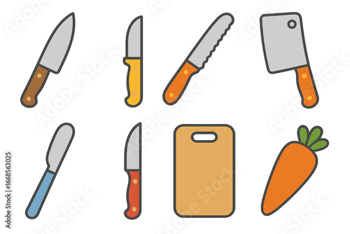 Colorful Kitchen Knives Grid. Flat vector mini-illustrations kitchen knives in colors children's illustrations: chef’s knife,