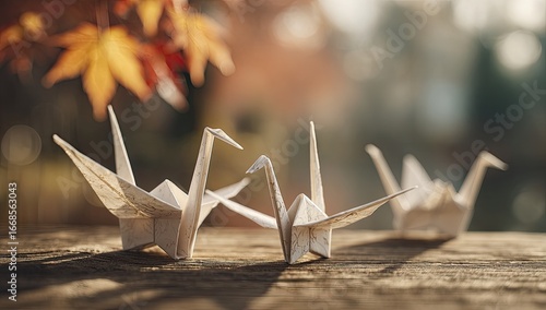 Fototapeta Naklejka Na Ścianę i Meble -  Three origami swans on weathered wood, autumnal background