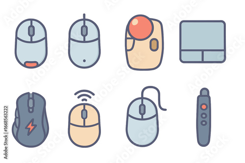 Colorful Mouse Icons. Flat vector mini-illustrations mouse types in colors children's illustrations: optical mouse, laser mouse,