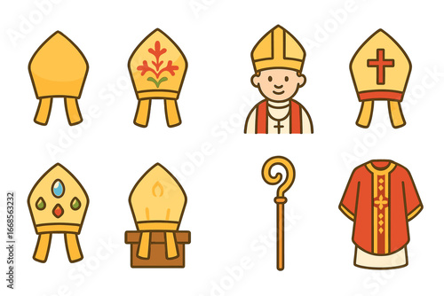 Colorful Mitre Icons. Flat vector mini-illustrations Mitre in colors children's illustrations: golden mitre, embroidered mitre,
