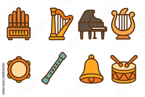 Colorful Musical Icons. Flat vector mini-illustrations hymn instruments in colors children's illustrations: organ, harp, piano,