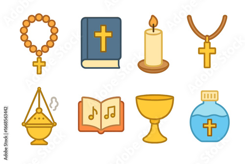 Colorful Parishioner Icons. Flat vector mini-illustrations Parishioner symbols in colors children's illustrations: prayer beads,