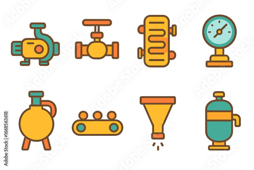 Colorful Refinery Icons. Flat vector mini-illustrations refinery equipment in colors children's illustrations: pump, valve, heat
