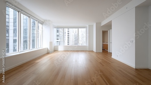 Fototapeta Naklejka Na Ścianę i Meble -  Empty modern apartment with hardwood floors and large windows overlooking a city
