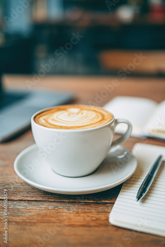 Wallpaper Mural A cozy cup of latte art sits on a saucer, next to a notepad and pen, creating a warm atmosphere for writing or enjoying a coffee break. Torontodigital.ca