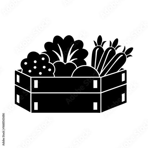 Wooden crate vegetables harvest carrots lettuce food market silhouette vector illustration