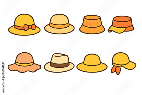 Colorful Summer Hats. Flat vector mini-illustrations summer hats in colors children's illustrations: sun hat, straw hat, bucket