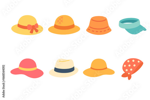 Colorful Summer Hats. Flat vector mini-illustrations summer hats in colors children's illustrations: sun hat, straw hat, bucket