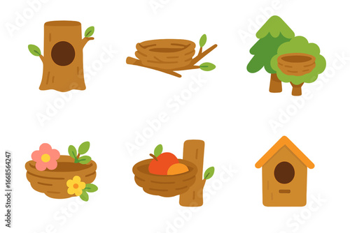 Colorful Tree Nests. Flat vector mini-illustrations tree nests in colors children's illustrations: hollow tree nest, branch nest,