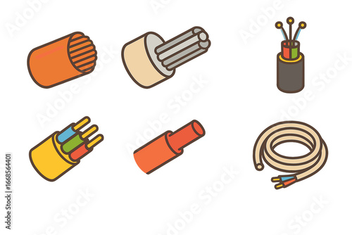 Colorful Wire Illustrations. Flat vector mini-illustrations wire types in colors children's illustrations: copper wire, aluminum