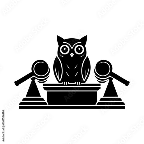 Owl bird on podium with gavel law justice court judge silhouette vector illustration