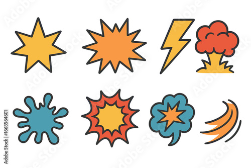 Comic Sound Icons. Flat vector mini-illustrations comic sound effects in colors children's illustrations: BAM star, POW burst, ZAP