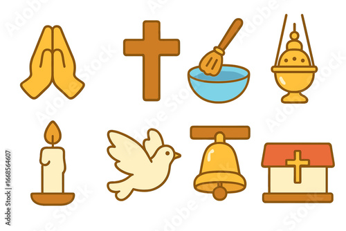 Communion Symbols Grid. Flat vector mini-illustrations communion blessings in colors children's illustrations: blessing hands,