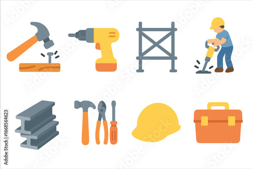 Construction Tools Icons. Flat vector mini-illustrations clang in construction in colors children's illustrations: hammering nails