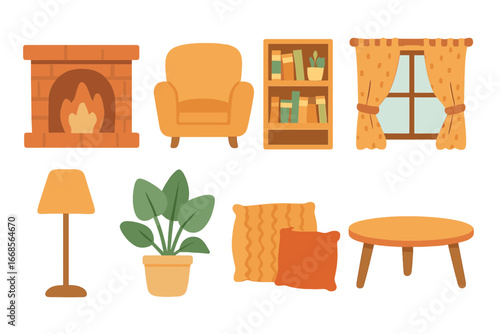 Cozy Home Icons. Flat vector mini-illustrations cozy home in colors children's illustrations: fireplace, armchair, bookshelf, warm