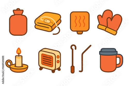 Cozy Home Essentials. Flat vector mini-illustrations warmth tools in colors children's illustrations: hot water bottle, electric