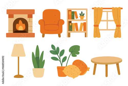 Cozy Home Icons. Flat vector mini-illustrations cozy home in colors children's illustrations: fireplace, armchair, bookshelf, warm