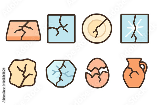 Cracked Surfaces Icons. Flat vector mini-illustrations cracked surfaces in colors children's illustrations: cracked pavement,
