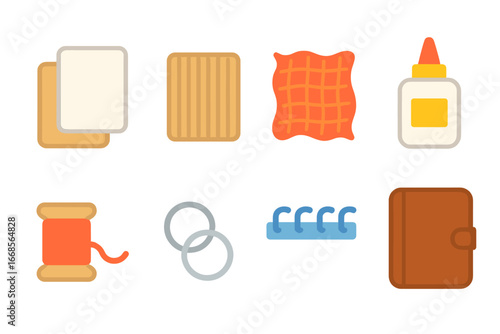 Crafting Materials Grid. Flat vector mini-illustrations binding materials in colors children's illustrations: paper sheets,