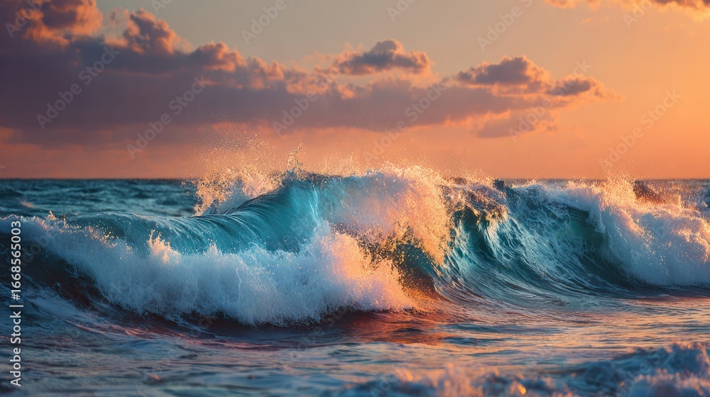 Fototapeta premium Ocean's Embrace: A mesmerizing view captures the powerful surge of a breaking ocean wave under the captivating hues of a sunset.