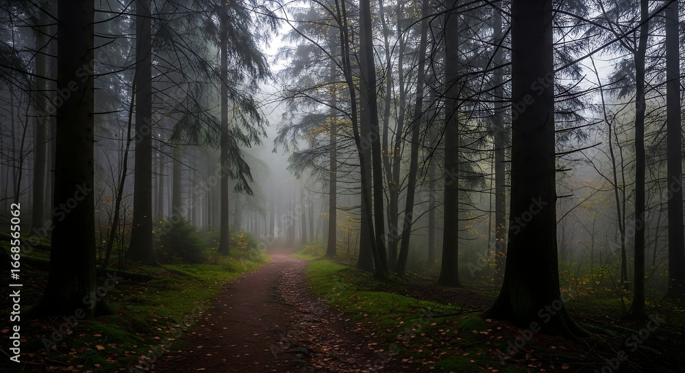 Fototapeta premium A path winds through a dense, misty forest with tall trees, creating a serene and slightly mysterious atmosphere.
