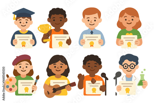 Diverse Achievement Icons. Flat vector mini-illustrations certificate recipients in colors children's illustrations: student,