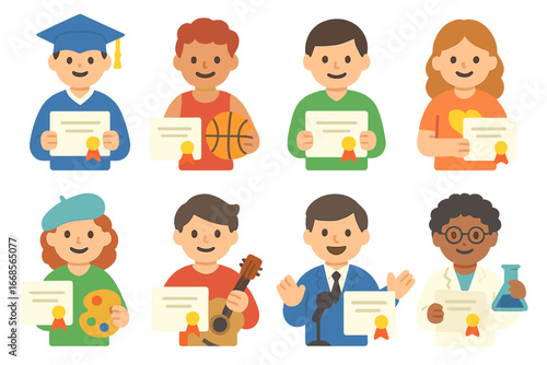 Diverse Achievement Icons. Flat vector mini-illustrations certificate recipients in colors children's illustrations: student,