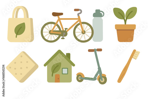 Eco-Friendly Lifestyle Icons. Flat vector mini-illustrations eco-friendly lifestyle in colors children's illustrations: reusable