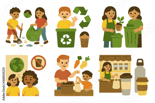 Eco-Friendly Community Actions. Flat vector mini-illustrations community waste actions in colors children's illustrations:
