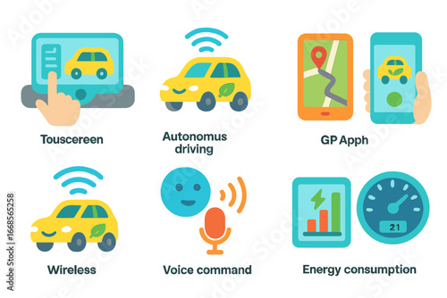 Electric Car Icons. Flat vector mini-illustrations electric car technology in colors children's illustrations: touchscreen control