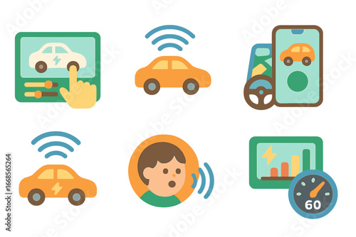 Electric Car Icons. Flat vector mini-illustrations electric car technology in colors children's illustrations: touchscreen control