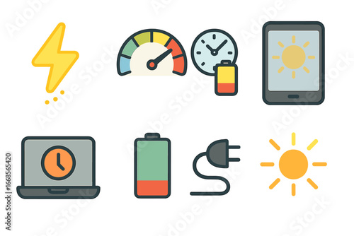 Energy Drain Icons. Flat vector mini-illustrations energy drain in colors children's illustrations: lightning bolt fading, power
