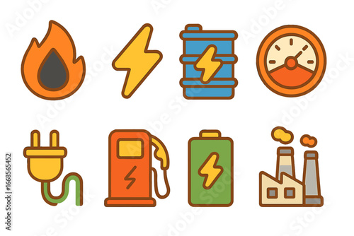 Energy Icons for Kids. Flat vector mini-illustrations oil energy in colors children's illustrations: oil flame, energy bolt, oil