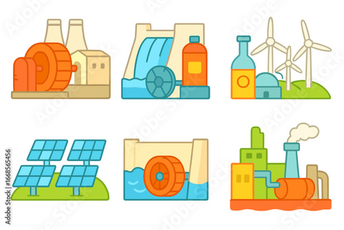 Energy Source Icons. Flat vector mini-illustrations large-scale generators in colors children's illustrations: power plant