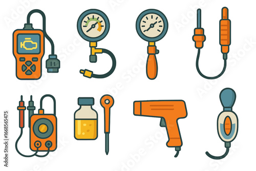 Engine Diagnostics Icons. Flat vector mini-illustrations engine diagnostics tools in colors children's illustrations: diagnostic