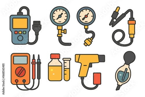 Engine Diagnostics Icons. Flat vector mini-illustrations engine diagnostics tools in colors children's illustrations: diagnostic