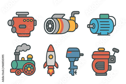 Engine Types Icons. Flat vector mini-illustrations engine types in colors children's illustrations: car engine, jet engine, diesel