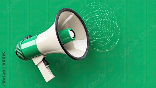 A vintage-style megaphone, light beige and lime green,  sits on a vibrant green surface.  A stream of digital data, represented by light dots, emanates from the megaphone's opening