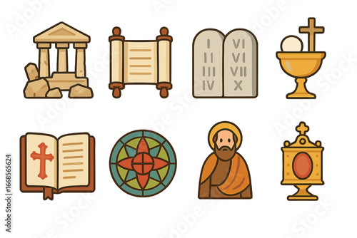 Faithful Relics Grid. Flat vector mini-illustrations faith history in colors children's illustrations: ancient temple ruins,
