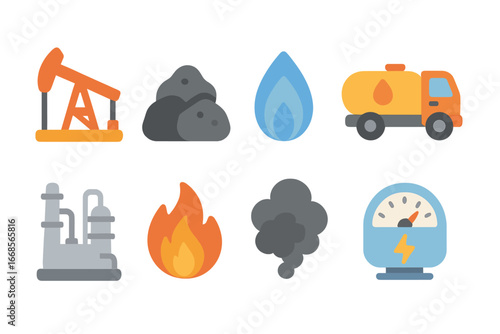 Fossil Fuels Icons. Flat vector mini-illustrations fossil fuels in colors children's illustrations: oil rig, coal, gas flame, fuel