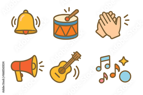 Fun Sound Icons. Flat vector mini-illustrations sound effect icons in colors children's illustrations: bell ringing, drum hit,