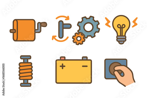 Hand Crank Dynamo Icons. Flat vector mini-illustrations hand-crank dynamo in colors children's illustrations: hand crank, rotating
