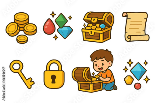 Hidden Treasures Icons. Flat vector mini-illustrations hidden treasures in colors children's illustrations: golden coins, jewels,