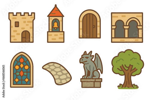 Historic Monastery Icons. Flat vector mini-illustrations historic monastery in colors children's illustrations: old stone walls,