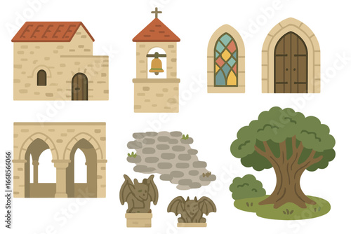 Historic Monastery Icons. Flat vector mini-illustrations historic monastery in colors children's illustrations: old stone walls,
